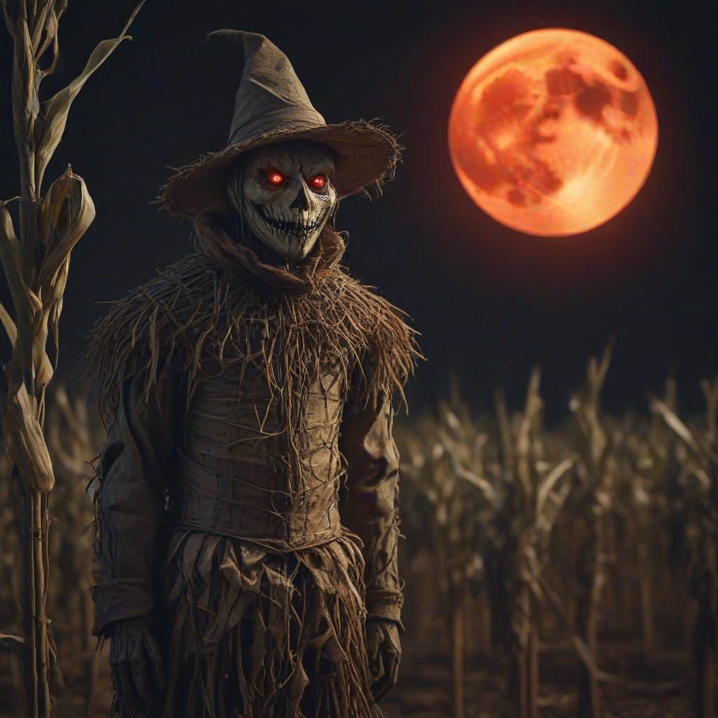 Ancient Scarecrow Guards Twisted Corn Maze Under Blood Moon