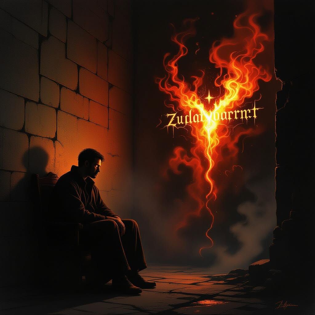 Man Battling Inner Demons in Fiery Room