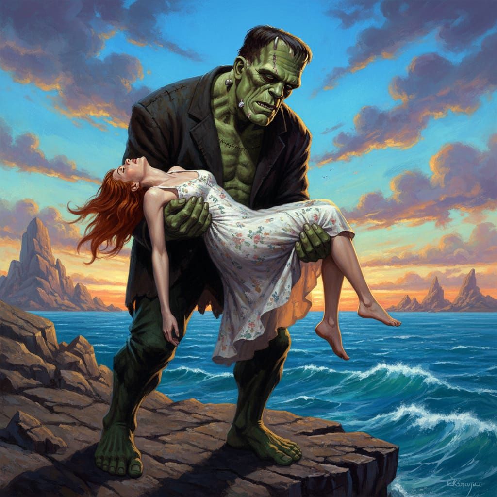 Frankenstein's Monster with Woman in Boris Vallejo Style