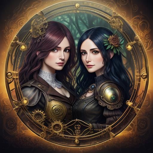 Steampunk Chibi Groot and Yennefer in Ethereal Forest