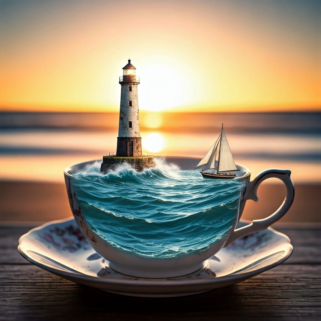 Luminous Miniature Lighthouse Scene in a Delicate Teacup