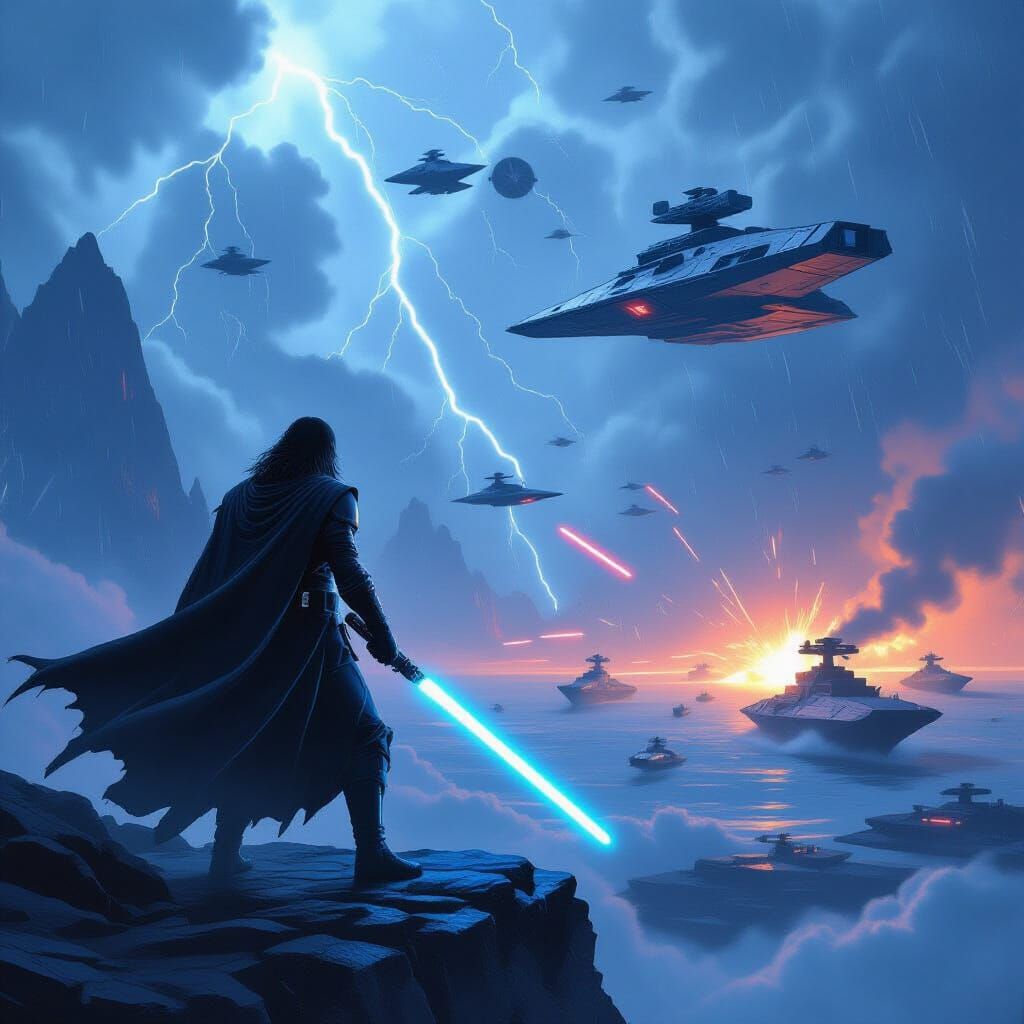 Jedi Warrior in Epic Space Battle Scene
