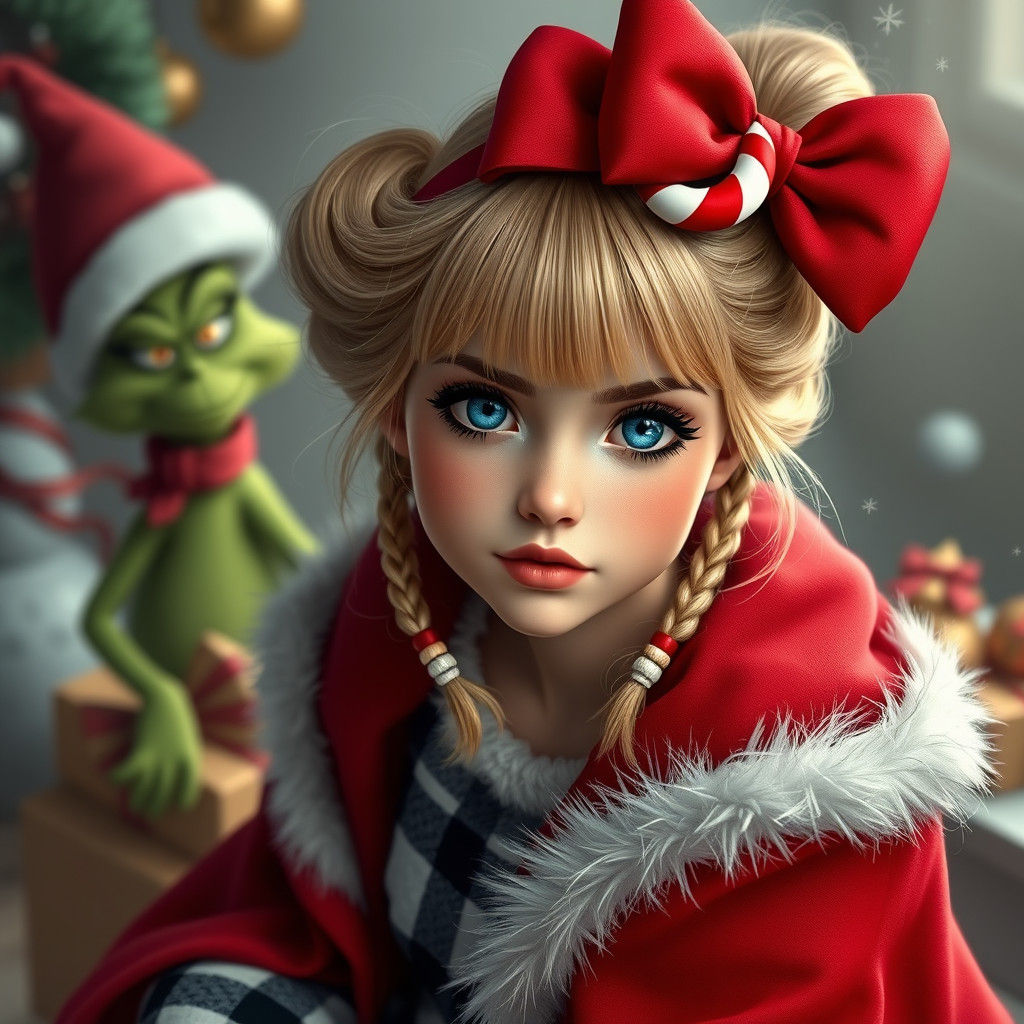 Festive Woman with Christmas Bow and Grinch