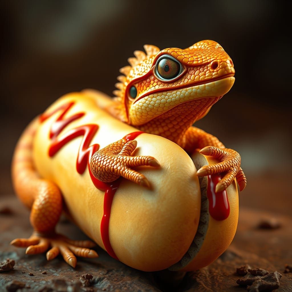 Majestic Hot Dog Lizard in a Golden-Brown Bun