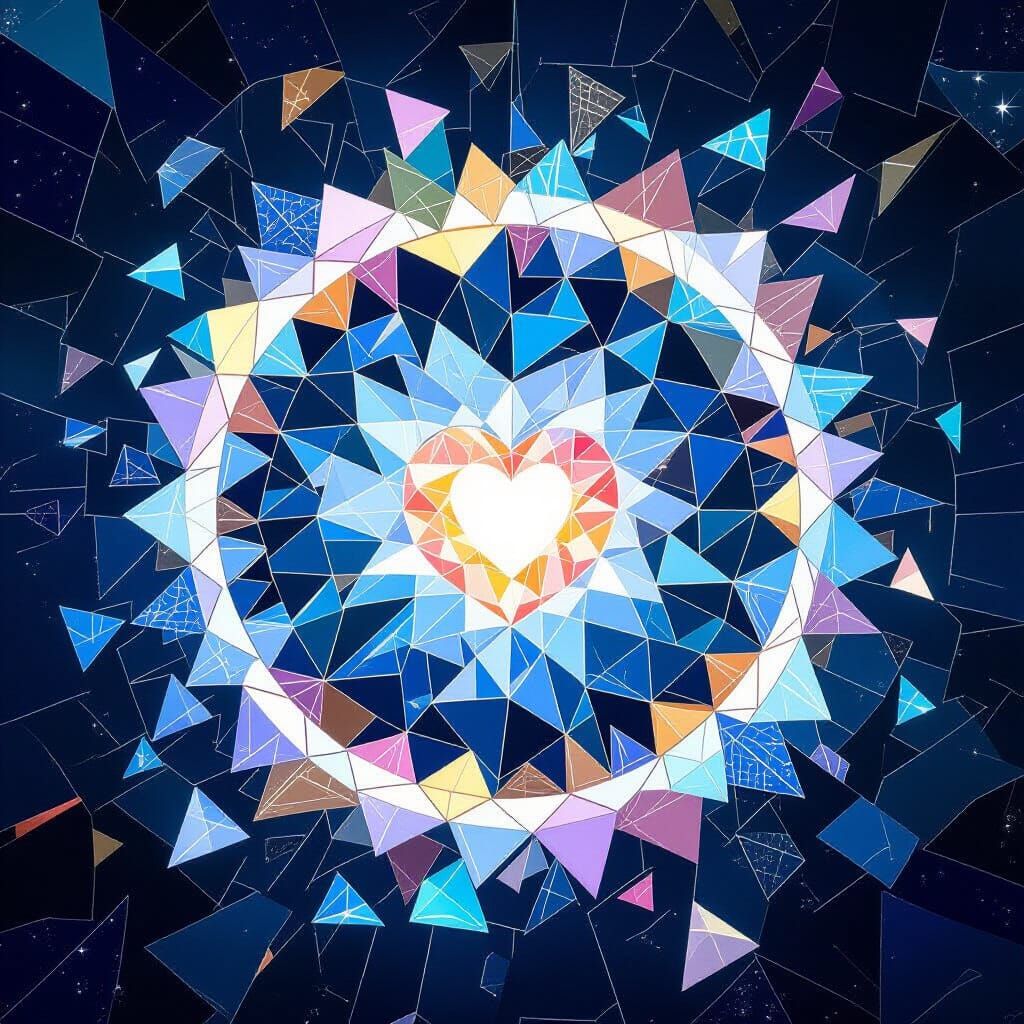 Cosmic Geometry Mosaic Forms Glowing Heart in Space
