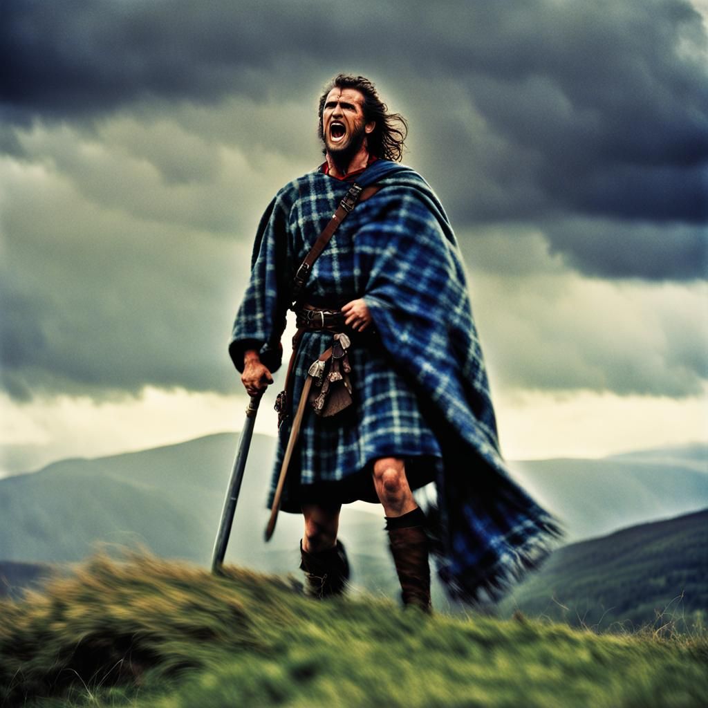 William Wallace (Mel Gibson, Braveheart) and his clansmen, wearing Stewart tartan, blue warpaint on their faces, stand o...