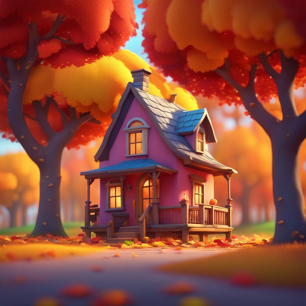 Autumn House with Happy Trees: 3D Digital Art