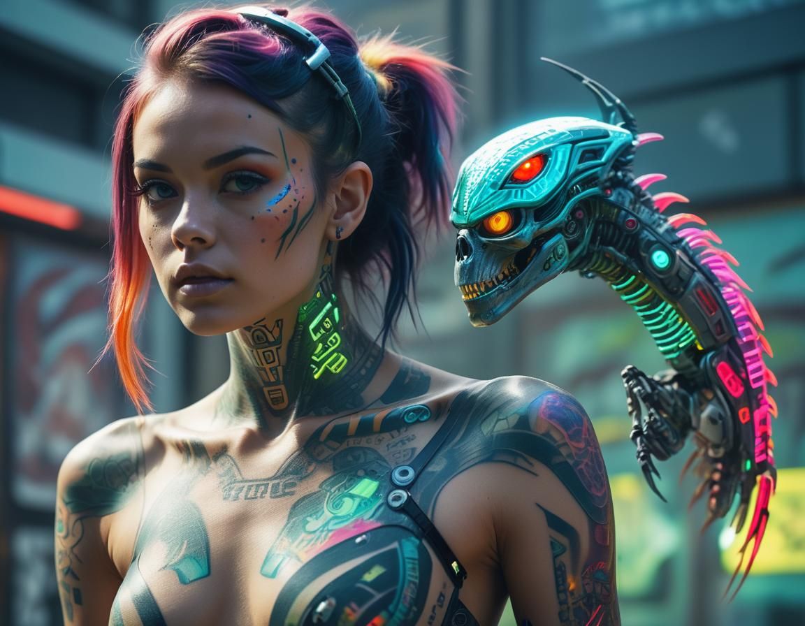 Vibrant Cybernetic Tattoos on Futuristic Women