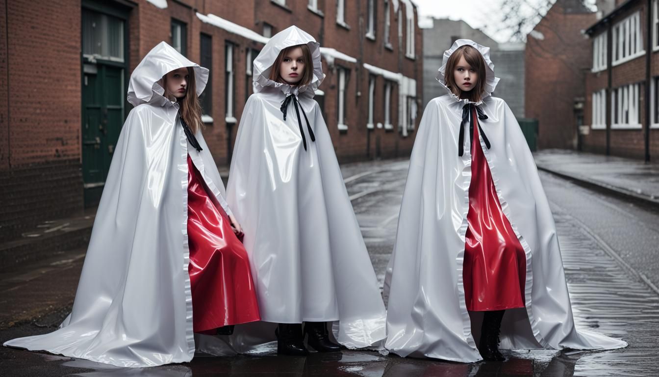 Schoolgirls in PVC Rain Capes with Ruffle Collars