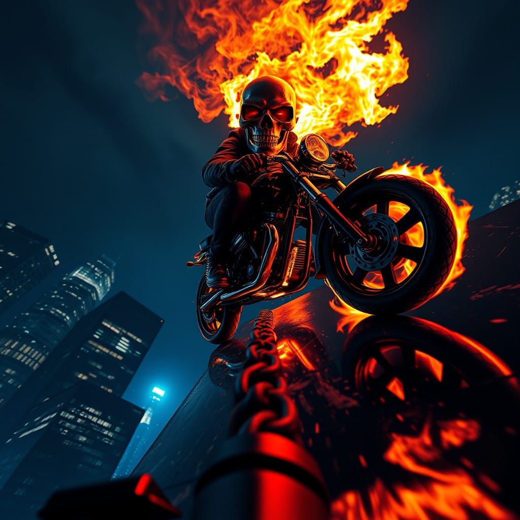 Ghost Rider Rides a Skyscraper in Fiery Majesty