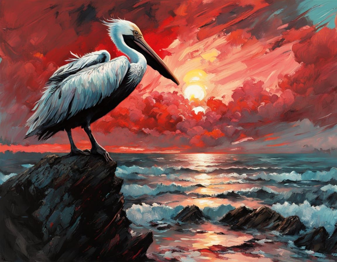 Expressive Pelican Rock at Sunset in Vibrant Oil Colors