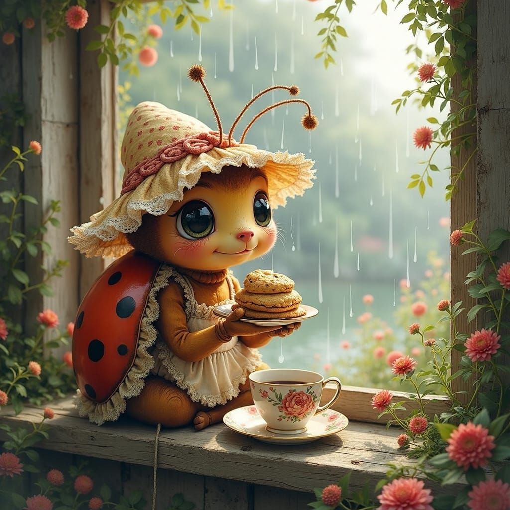 Whimsical Ladybug in Cozy Cottage Scene
