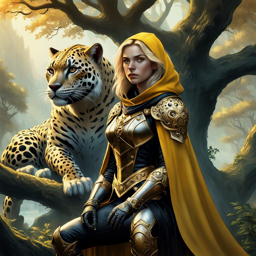 Fantasy Rogue with Leopard in Misty Forest