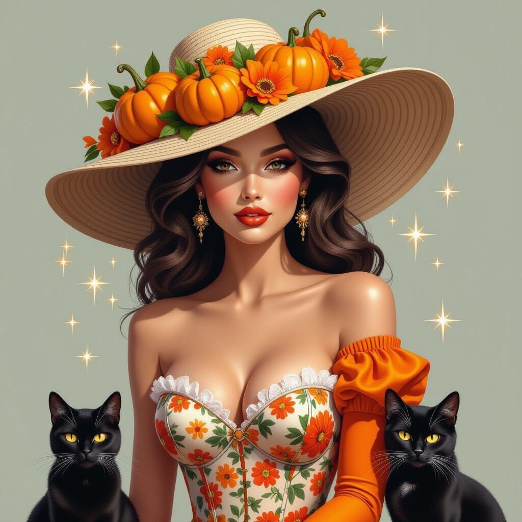 Woman in Pumpkin Hat with Cat, Digital Art
