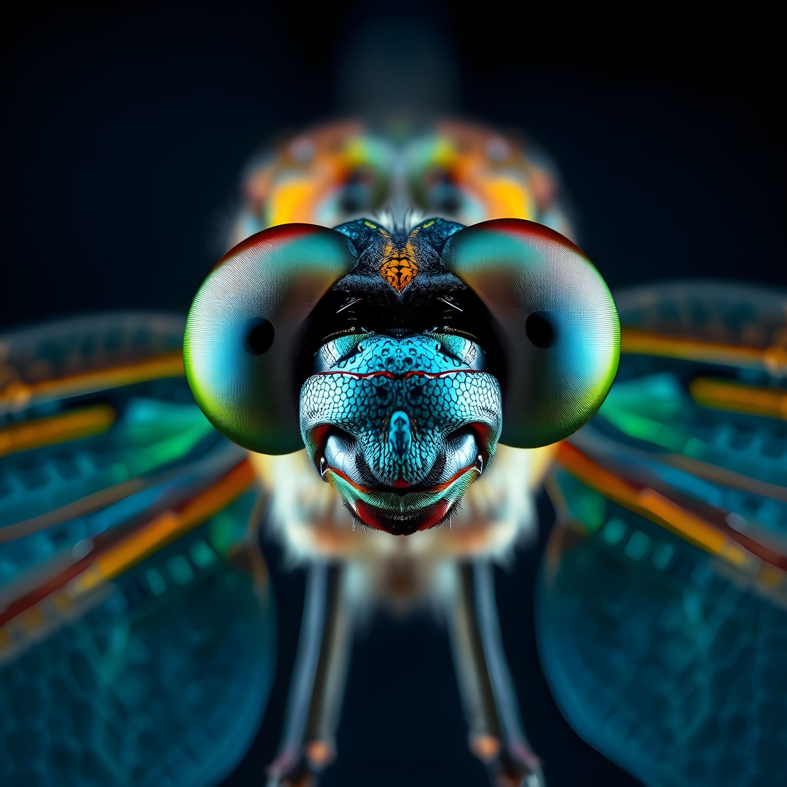 Vibrant Dragonfly Portrait in Dark Surroundings