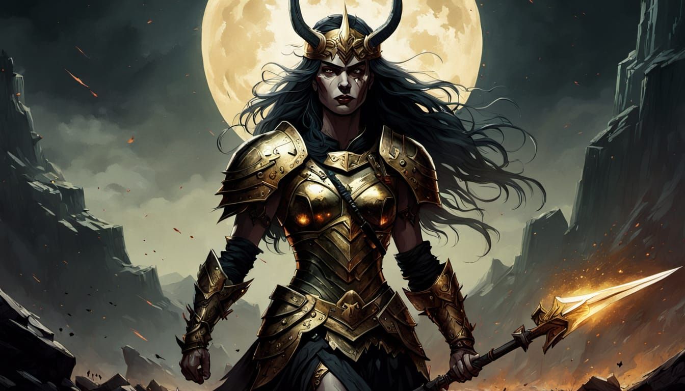 Valkyrie on Battlefield in Dark Fantasy Style