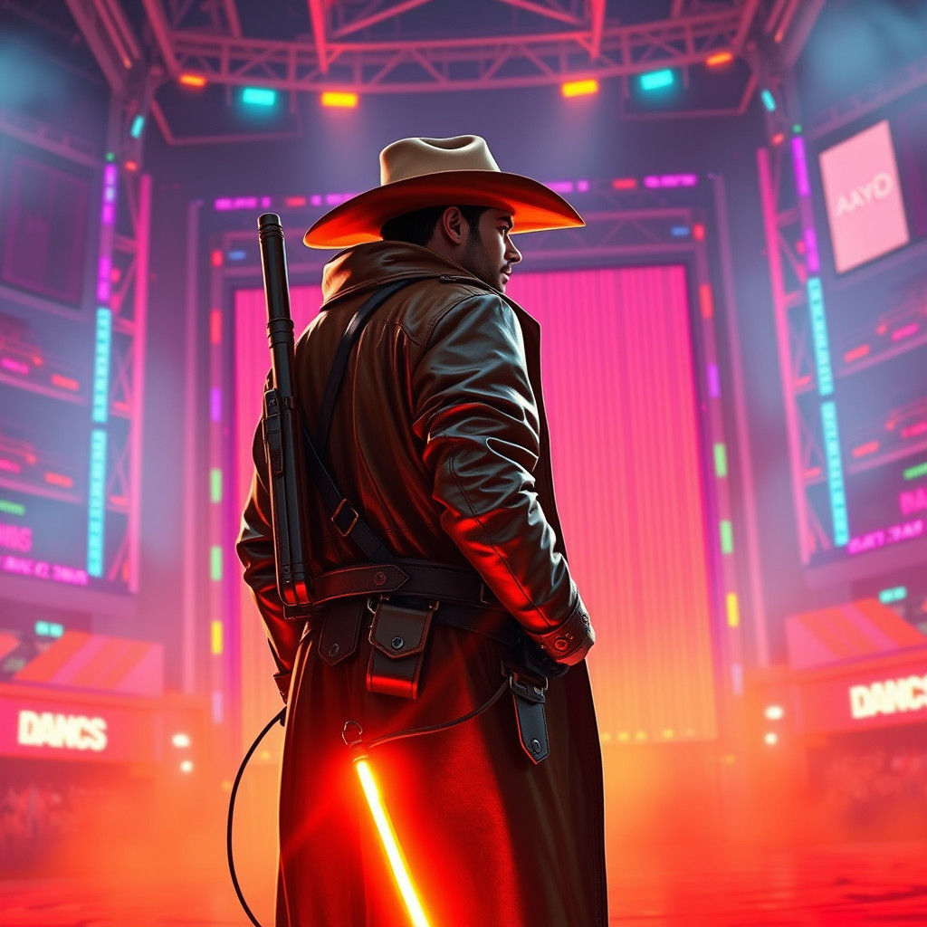 Cowboy Drone Operator in Neon-Lit Arena with High-Tech Gate