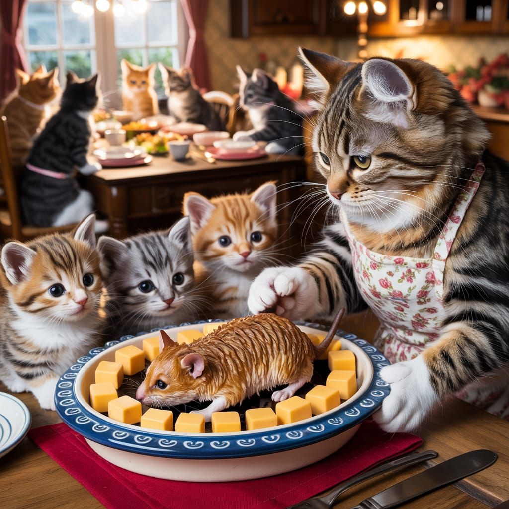 Feline Family Thanksgiving Feast in Cozy Kitchen