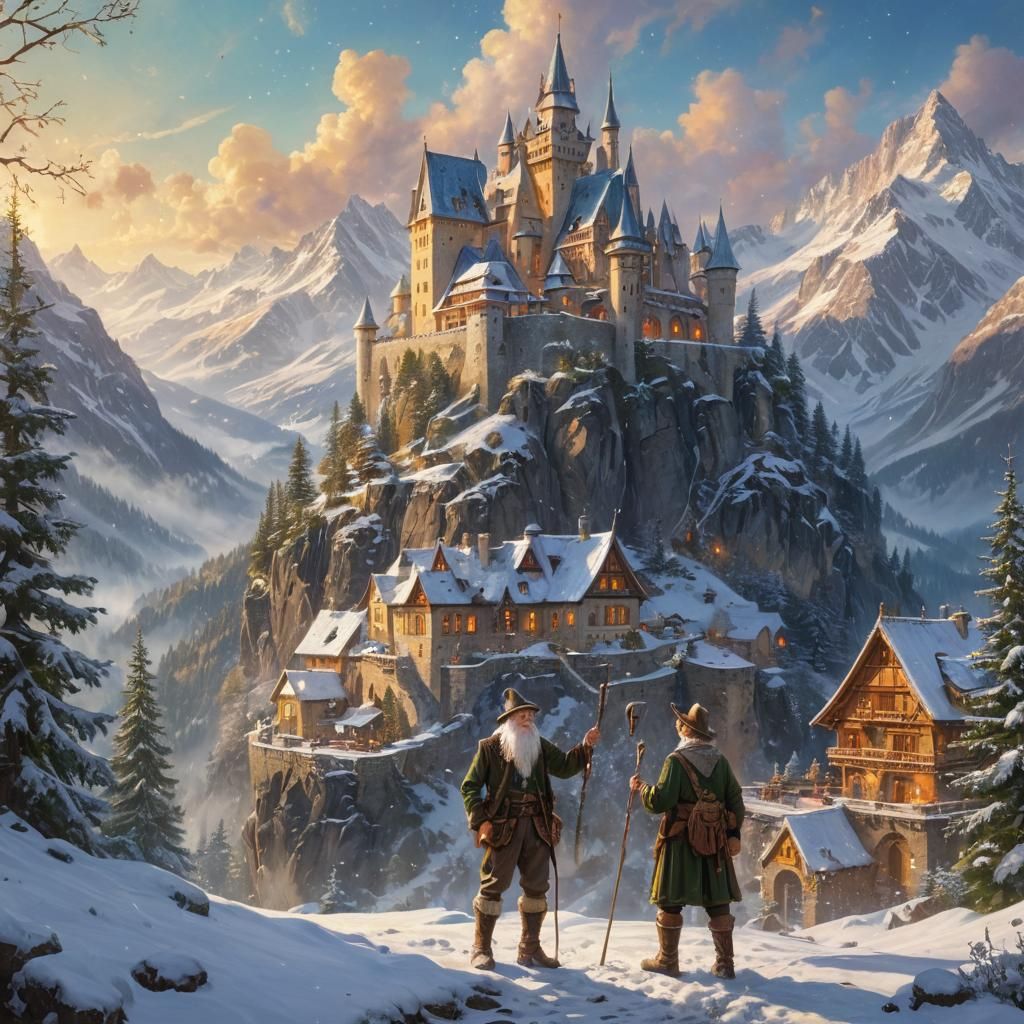 Magical Alpine Palace Conjured by Wizard: Fantasy Painting