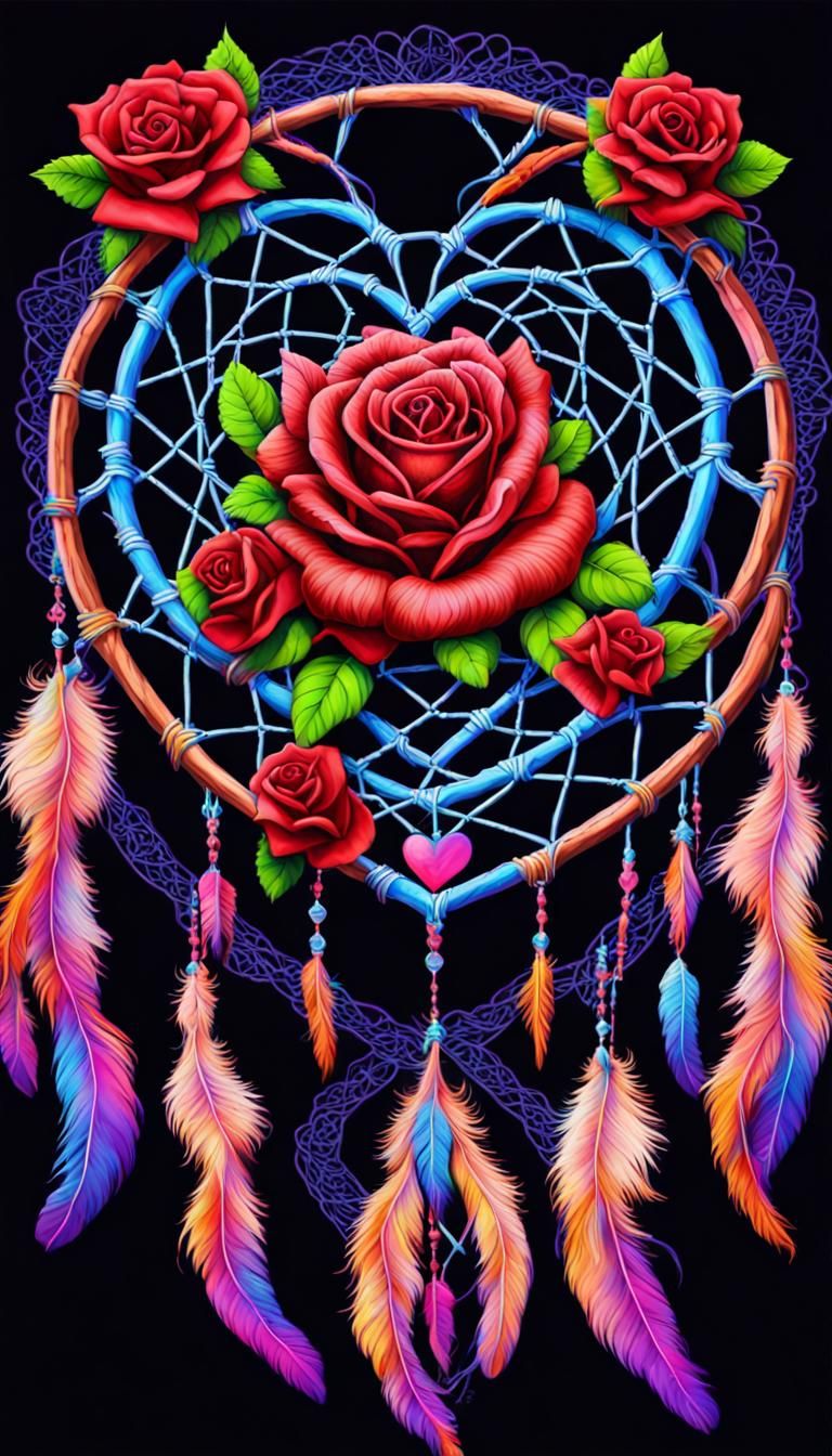 Intricate Dreamcatcher with Hearts and Roses in Blacklight C...
