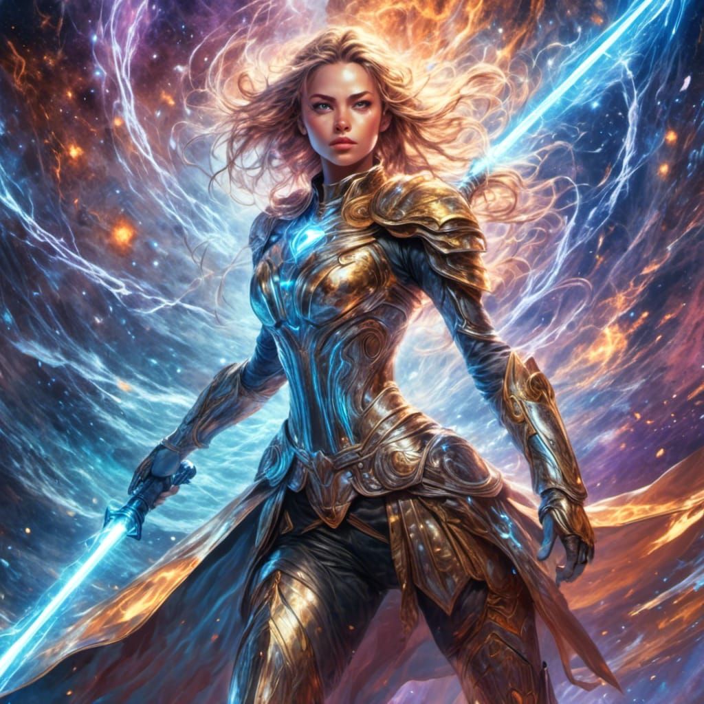 Futuristic Female Warrior with Lightsaber, Astral Illustrati...
