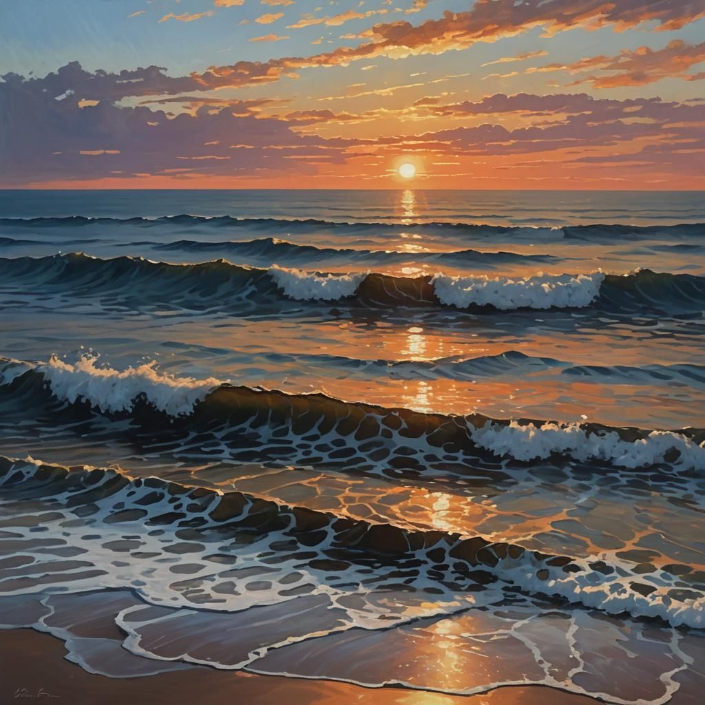 Golden Sunrise Over Ocean Waves in Graffiti Art Style