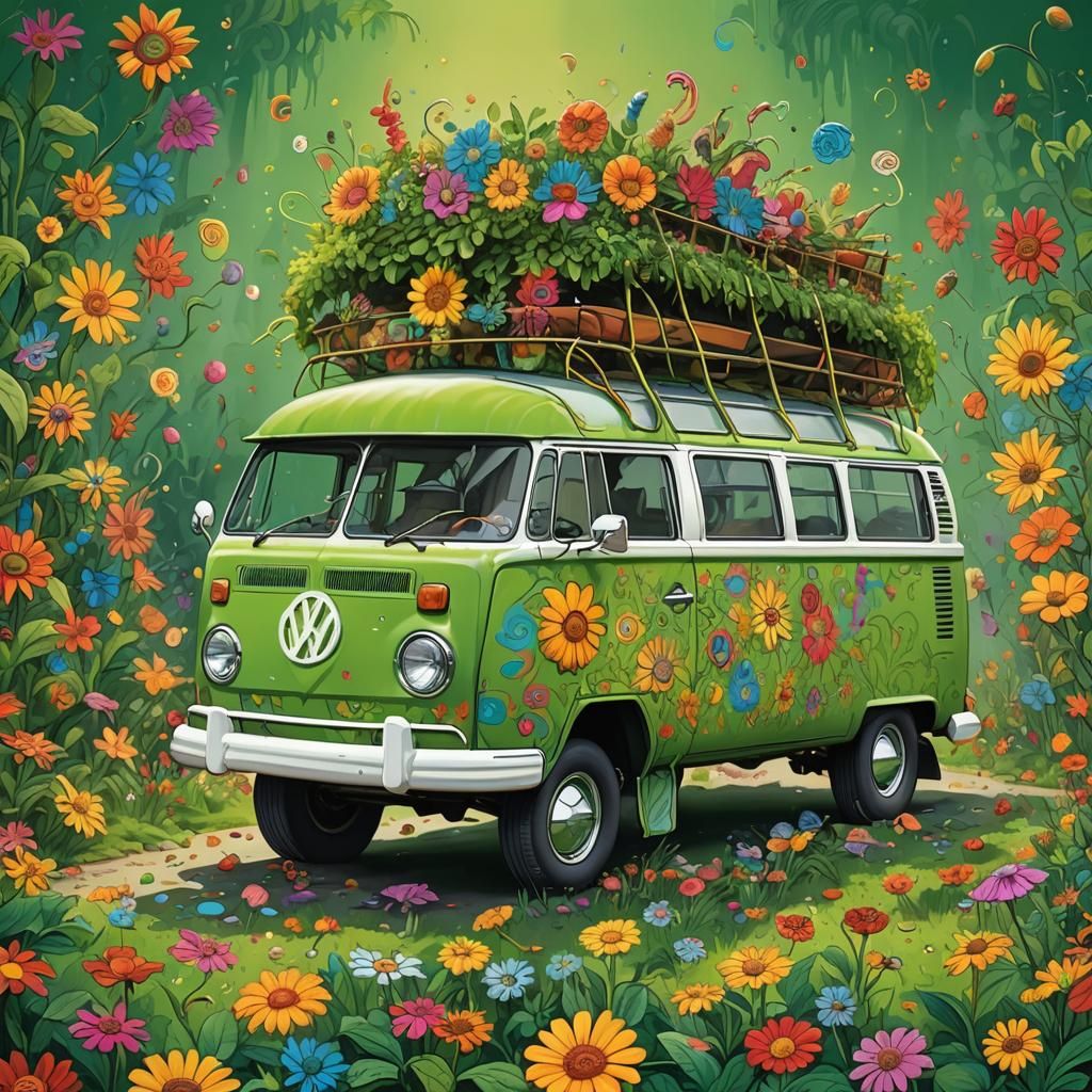 Bright Green VW Bus with Hippies, Splash Art