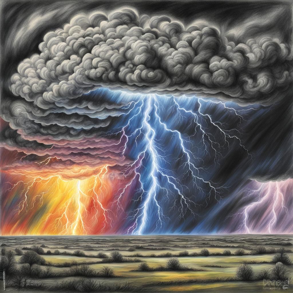 Rainbow Lightning in Hyperdetailed Charcoal Drawing