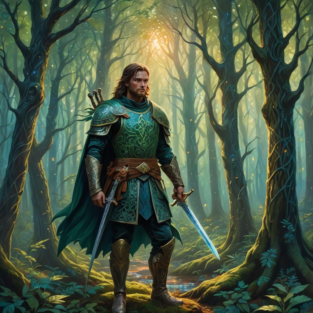 Mystical Knight in Forest: Art Nouveau Oil Painting