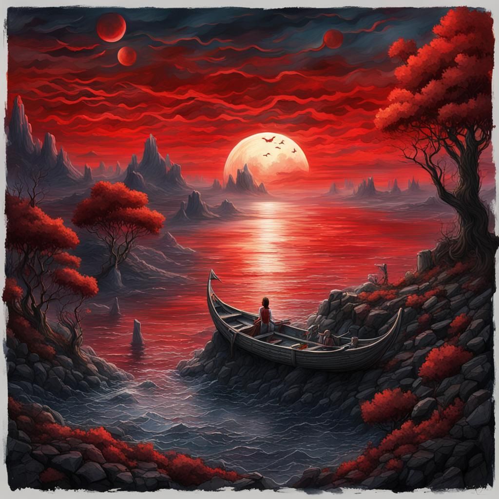 Red Moon Rising Over Sunset Horizon