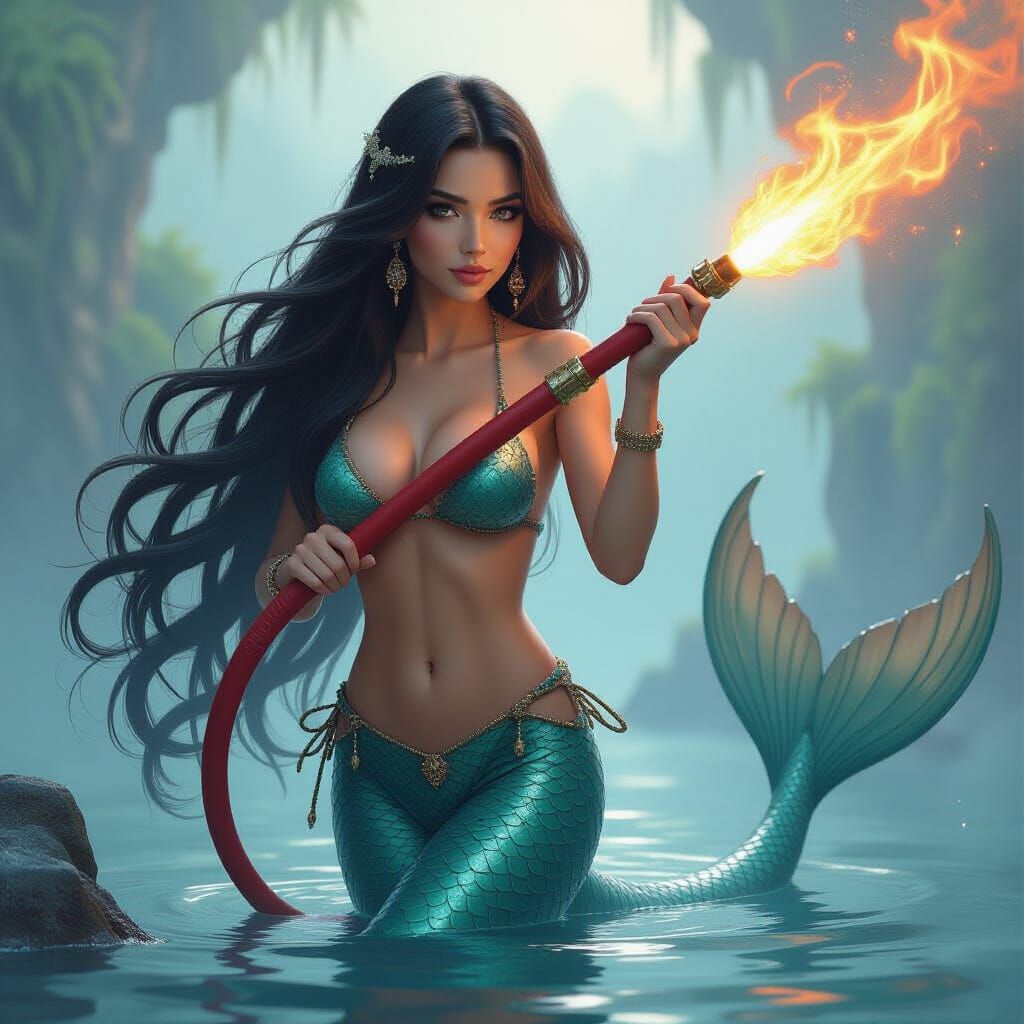 Busty Mermaid with Firehose in Ethereal Fantasy Scene