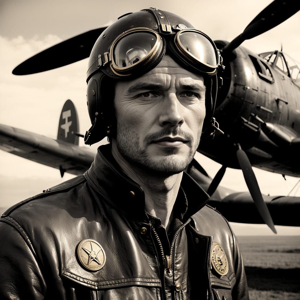 WWII Aviator in Vintage Leather Jacket Standing Beside Warha...