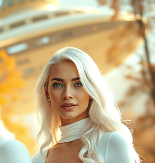 Ethereal Couple Stands Before Glowing Spaceship Amidst Autum...