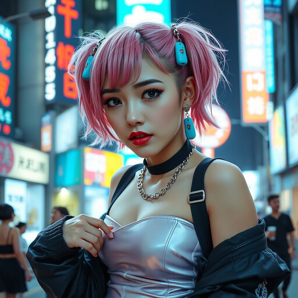 Vibrant K-Pop Idol in Neon Cityscape