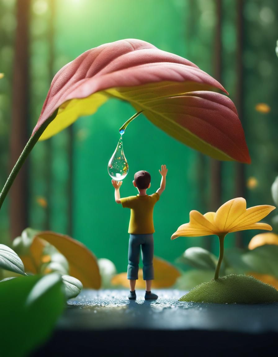 Miniature Human Catching Giant Water Drop Diorama