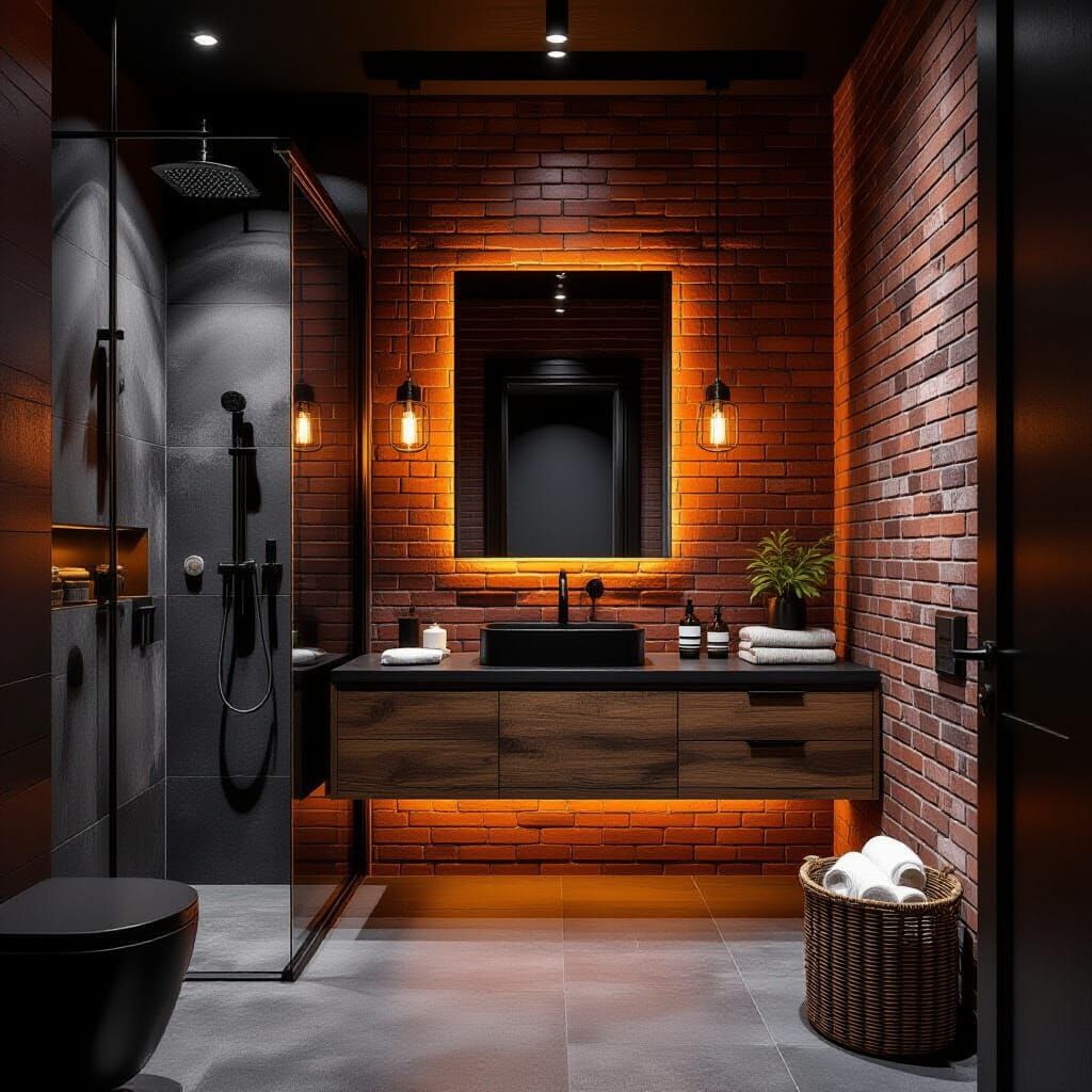 Warm Industrial Miniature Bathroom with Exposed Brick