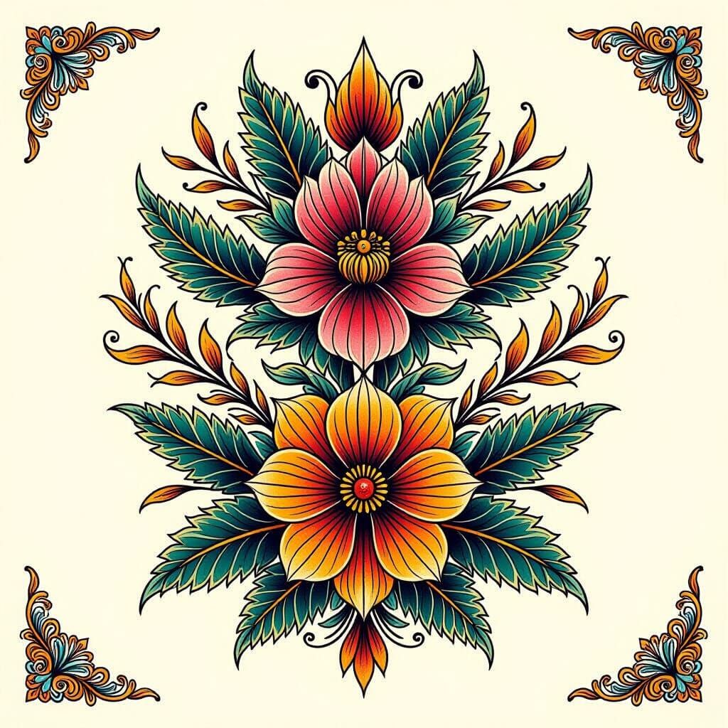 Vintage Flash Tattoo Art: Colorful Leaves