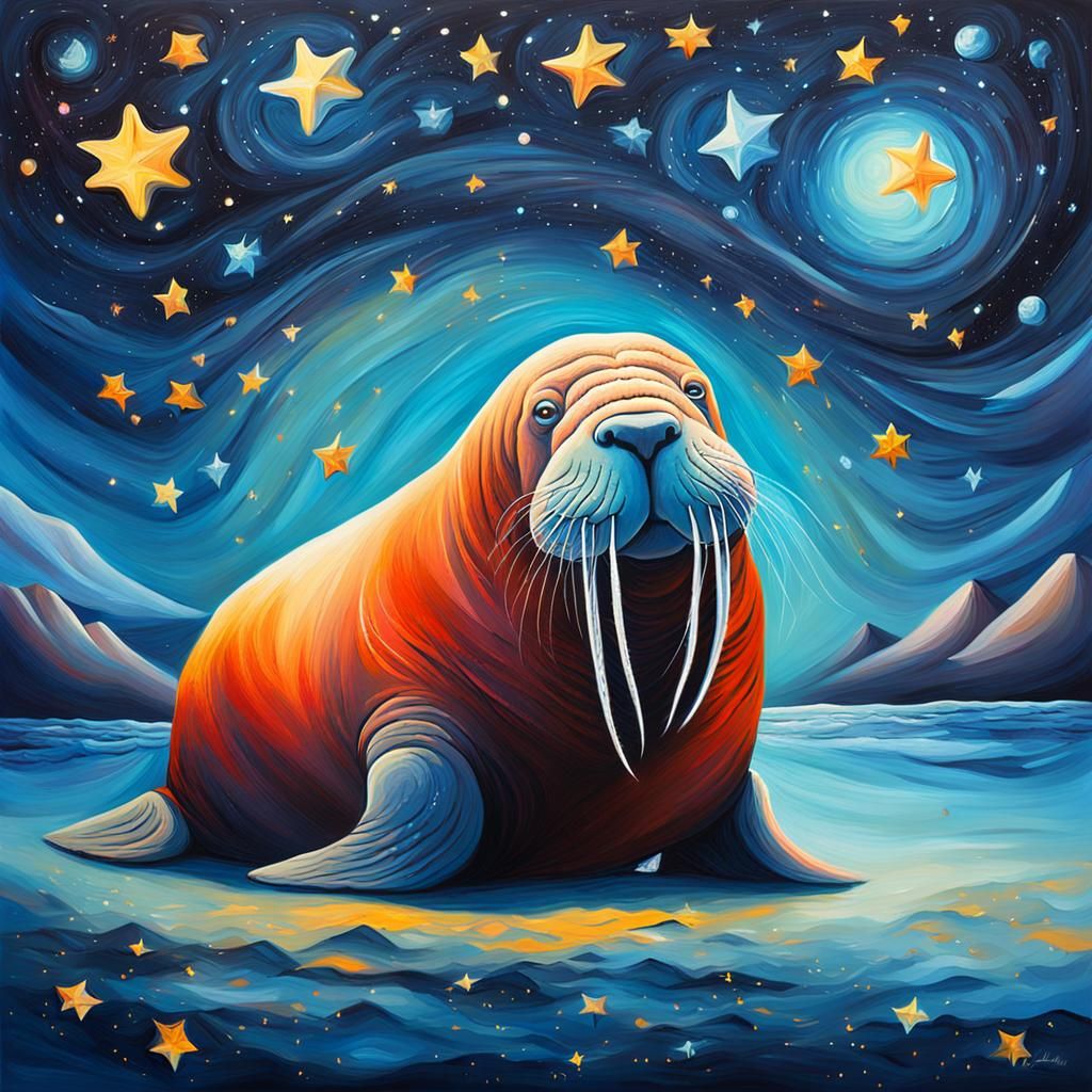 Stylized Walrus Under Starry Sky in Oil