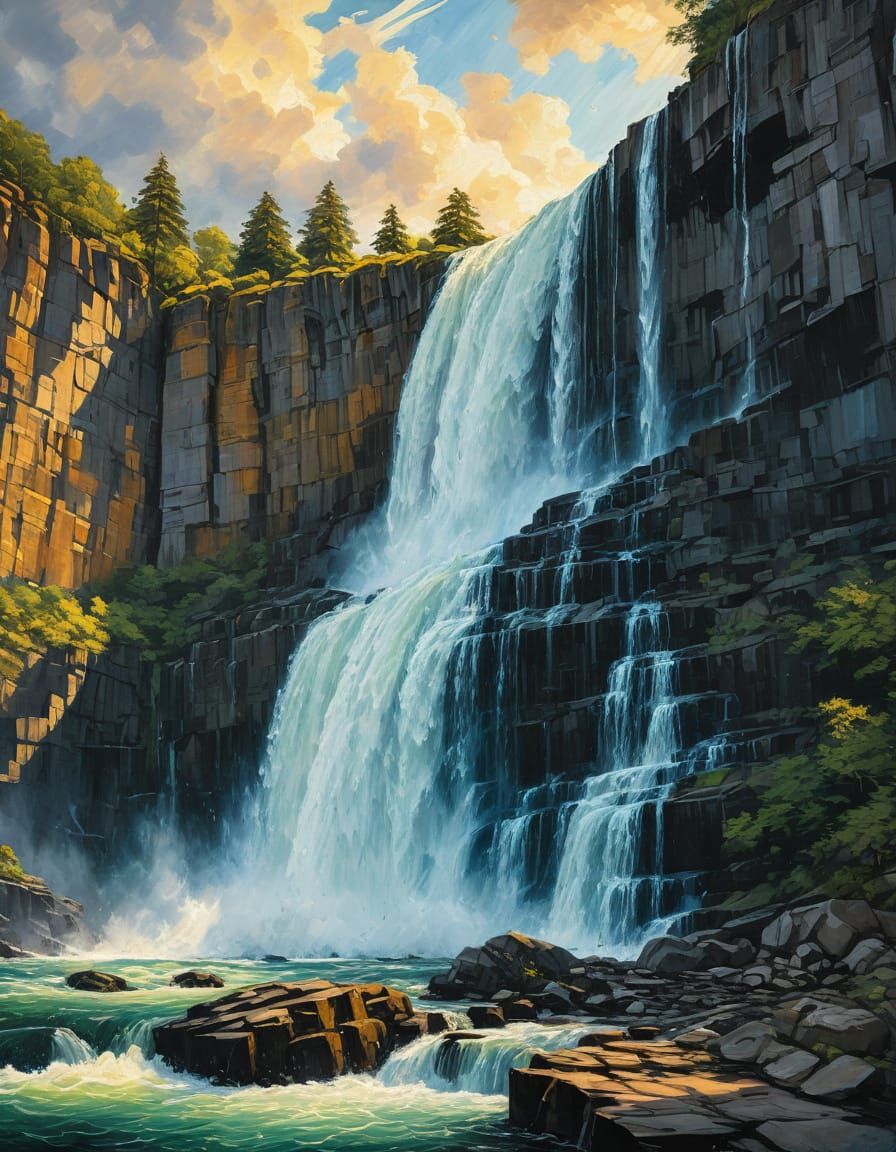 Van Gogh & Picasso Style Oil Painting: Waterfall on Rocky Cl...