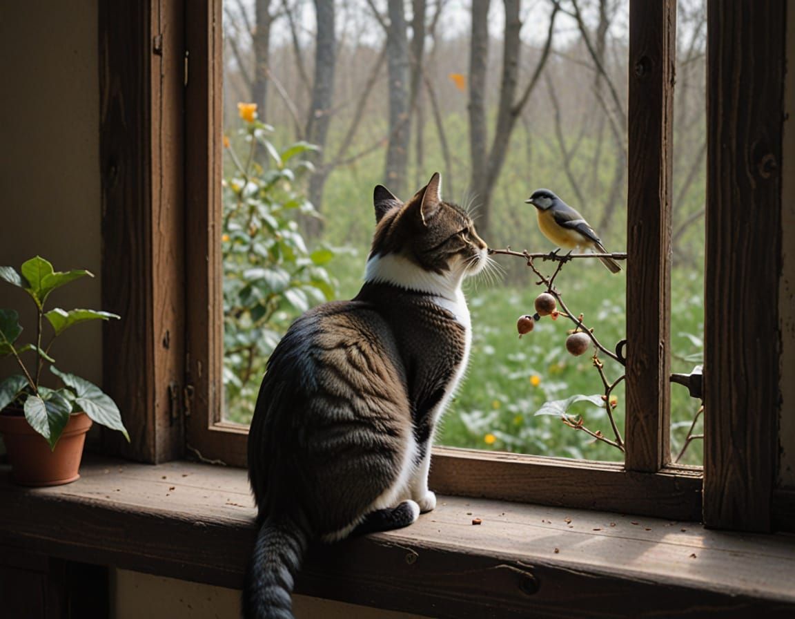 Feline Focus on a Titmouse Perched Outside