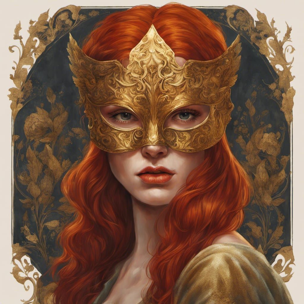 Red-Haired Woman with Gold Mask in Pre-Raphaelite Style