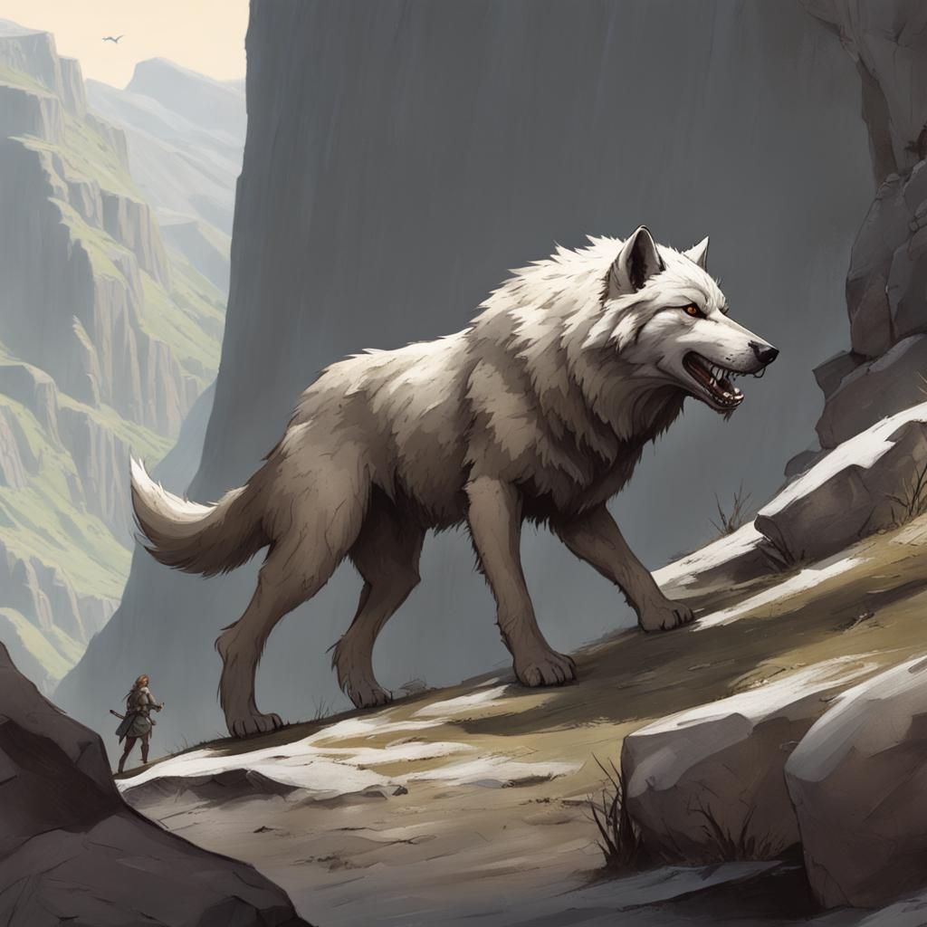 Dire Wolf Stalks Adventurers from Cliff Edge