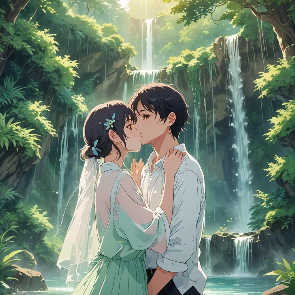 Romantic Anime Kiss by Waterfall in Pastel Gradients