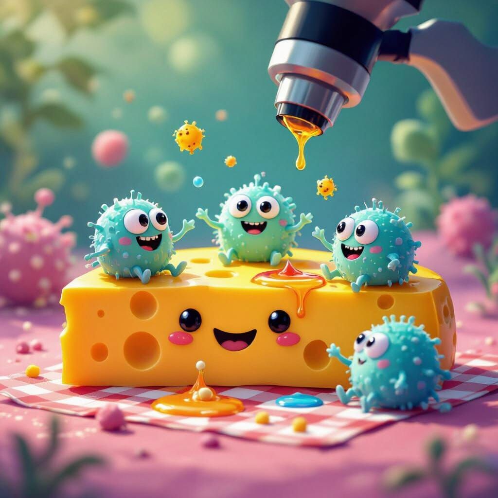 Whimsical Microbes Picnic on Smiling Cheese Slice