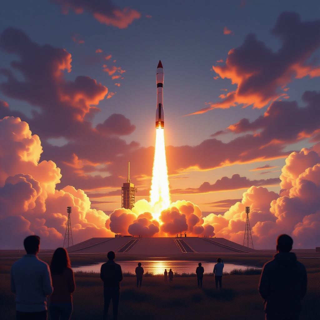 Rocket Launch at Fiery Sunrise, Astral Illustration