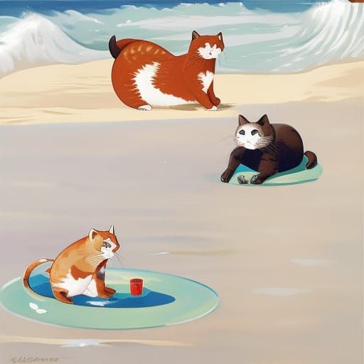 Cat and Otter Enjoying Drinks on Sunny Beach