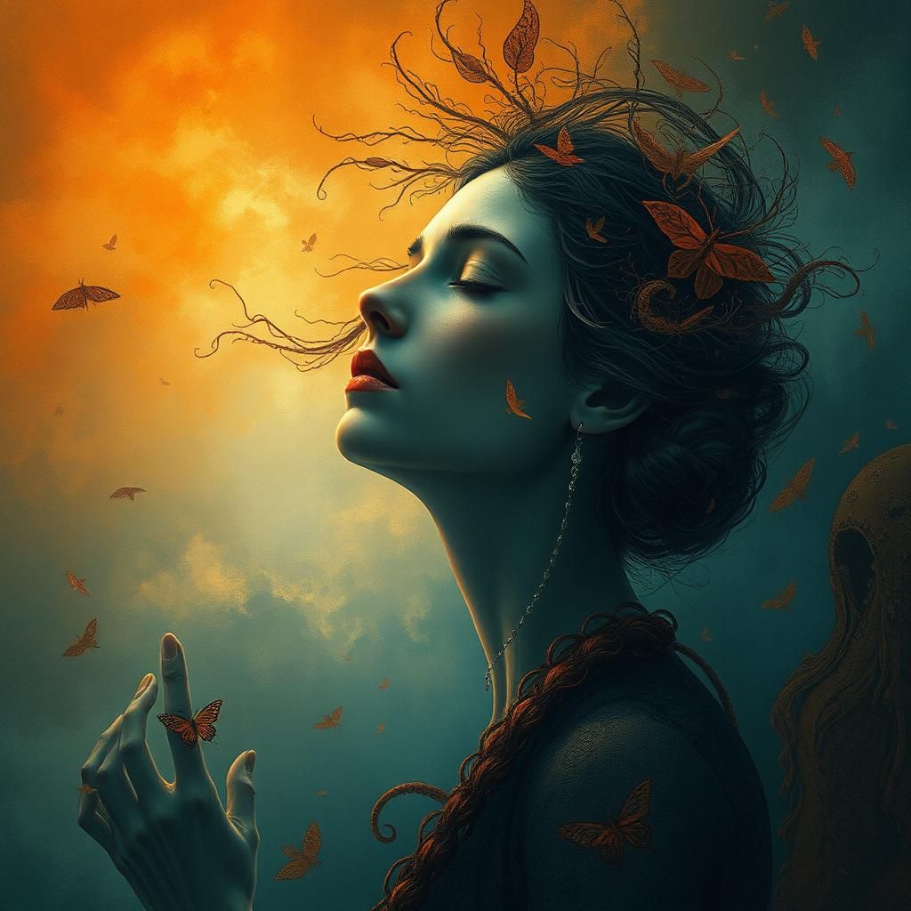 Dreamlike Woman in Surreal Biometric Landscape