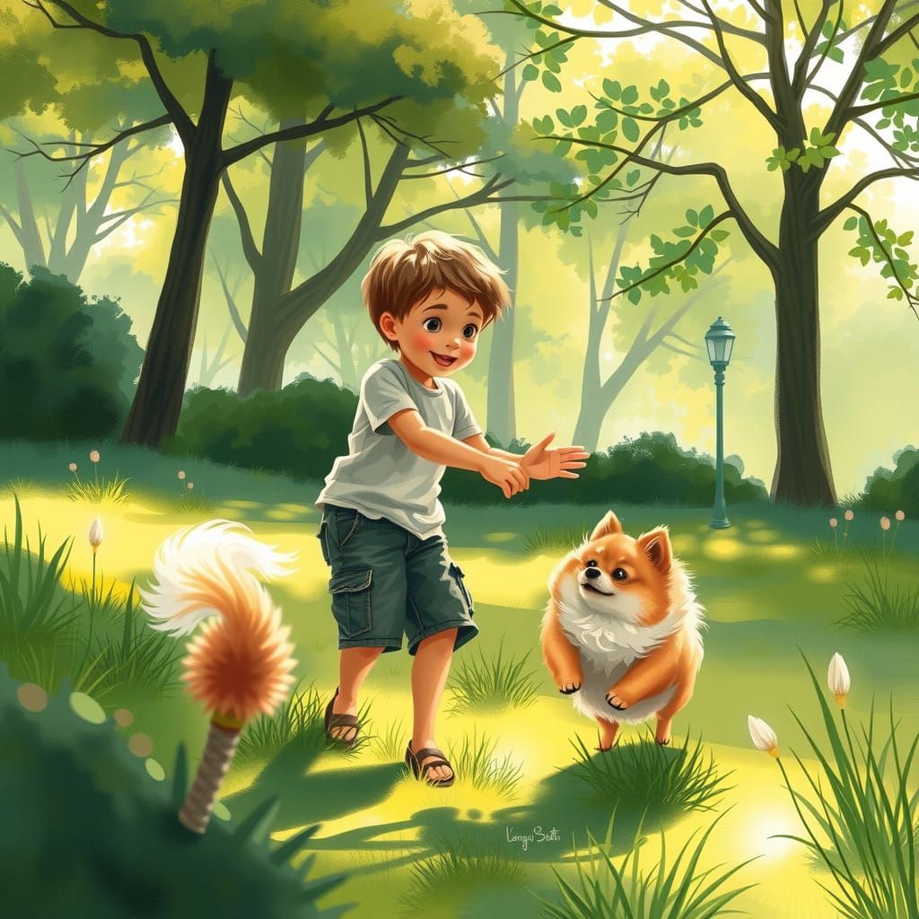 Boy and Pomeranian Play in Impressionist Park