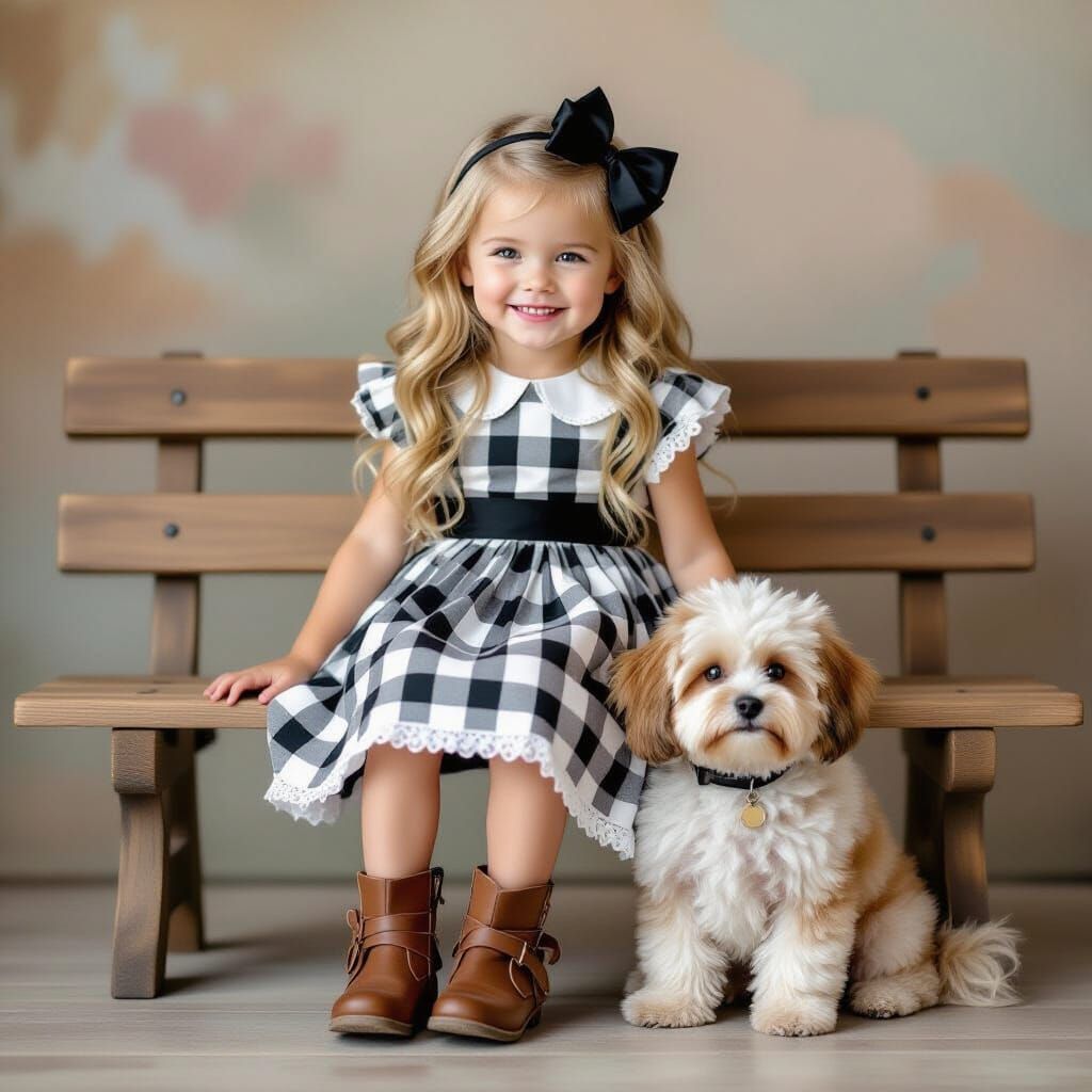 Girl in Plaid Dress Plays with Dog on Wooden Bench