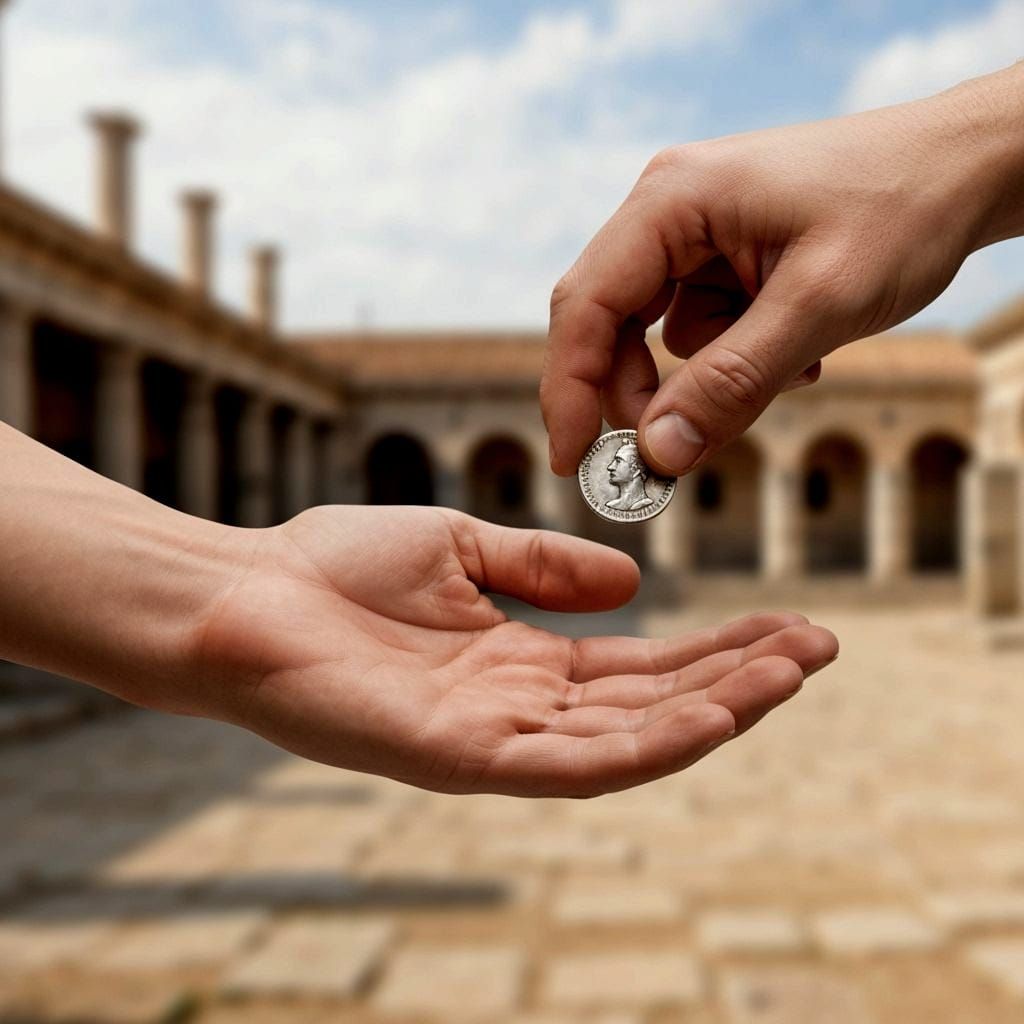 Roman Soldier Pays Tax Collector with Silver Coin